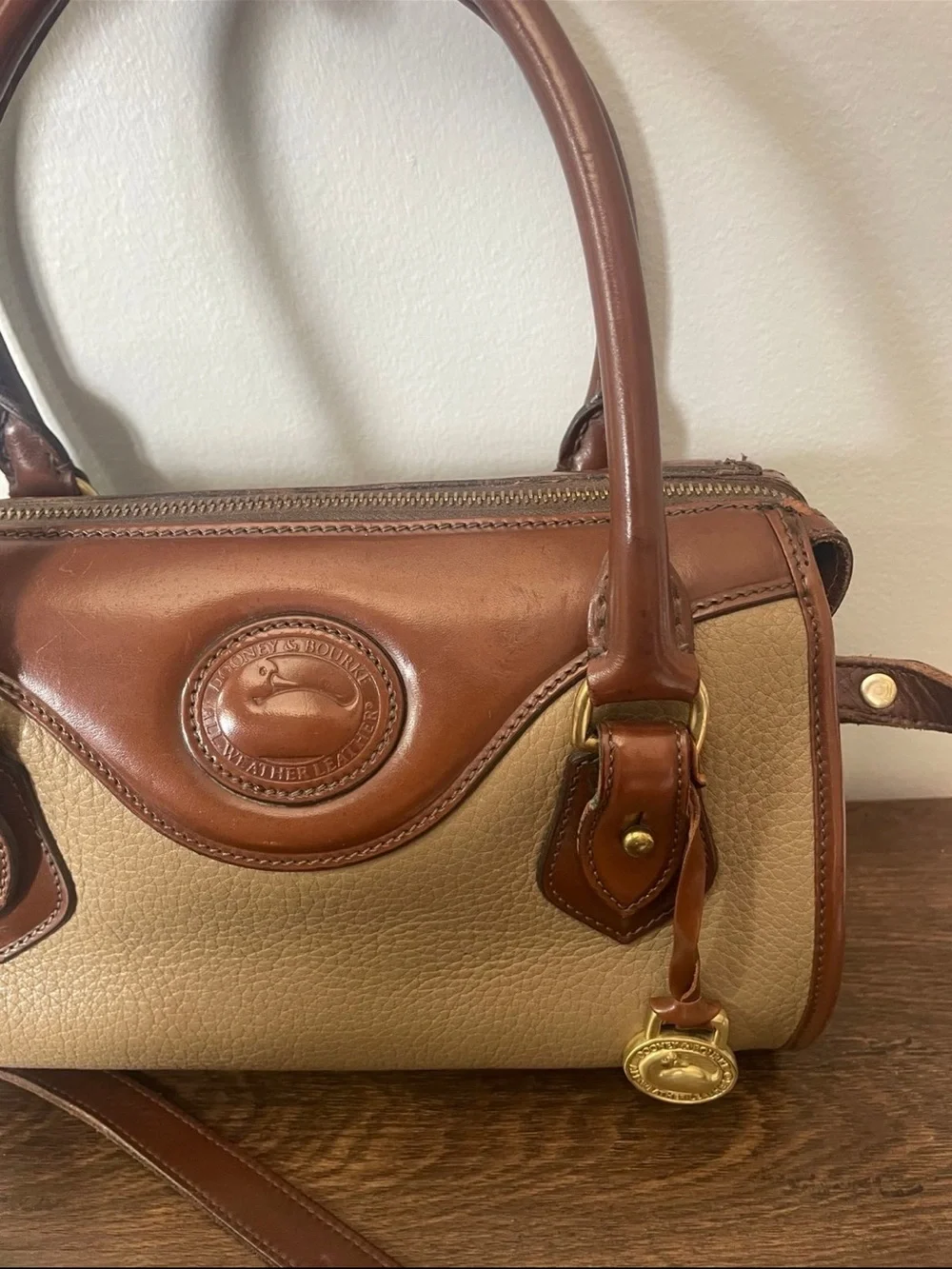 Dooney & Bourke Beige and Brown Leather Trim Cassini Satchel